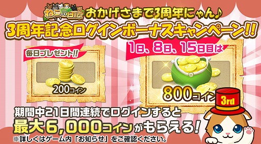 画像ギャラリー No.001のサムネイル画像 / 「ねこ島日記」3周年記念3大キャンペーンが開催。最大で6000コインが受け取れるチャンスも