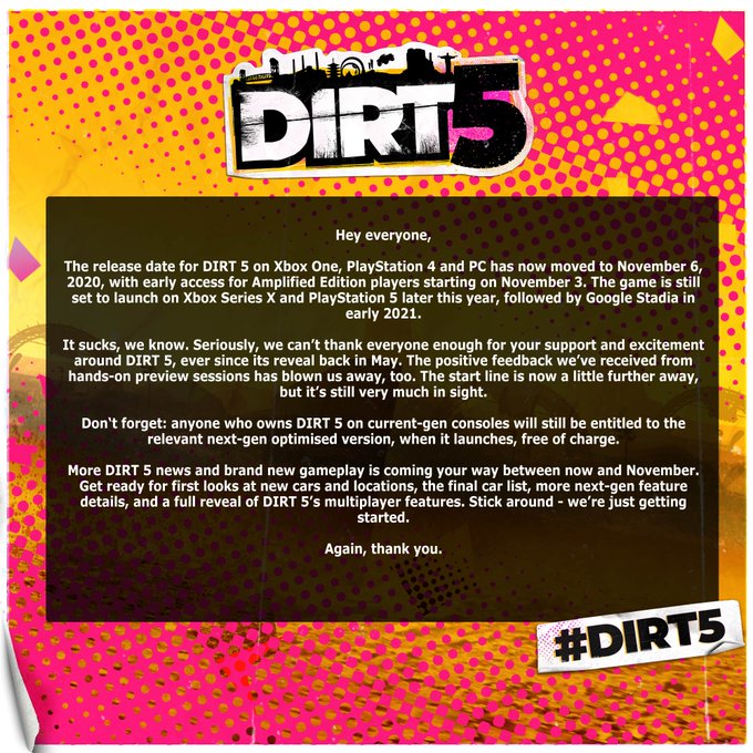 PC/PS4/Xbox One「Dirt 5」の発売日が11月6日に延期。早期アクセスの開始は11月3日に