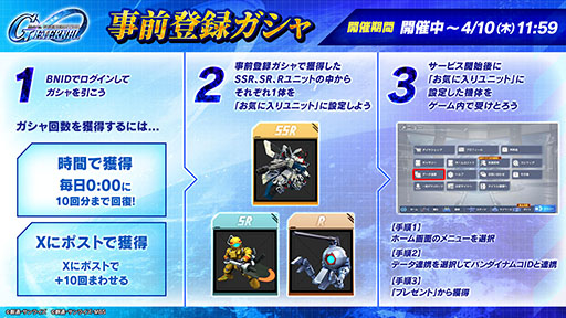 画像ギャラリー No.002のサムネイル画像 / 「SDガンダム ジージェネレーション エターナル」SSR,SR,Rのユニットを1体ずつ獲得可能な事前登録ガシャを4月10日まで実施中