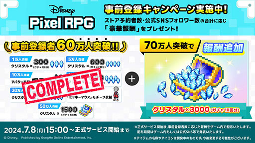 画像ギャラリー No.003のサムネイル画像 / 「ディズニー ピクセルRPG」,10月7日にリリース。事前登録者数60万人突破に伴い,クリスタル4500個などゲーム内アイテムを配布