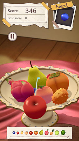 画像ギャラリー No.003のサムネイル画像 / スマホアプリ版「フルーツマウンテン」,本日配信開始。お皿の上にフルーツを積み上げてスイカの完成を目指す3Dパズルゲーム